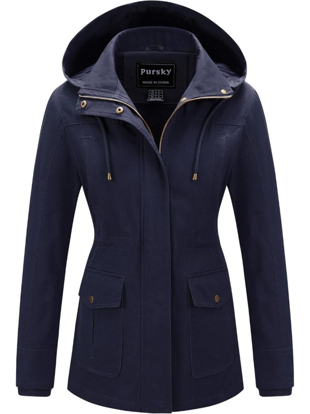 Women's Navy Cotton Removable Drawstring Hood Military Utility Anorak Jacket